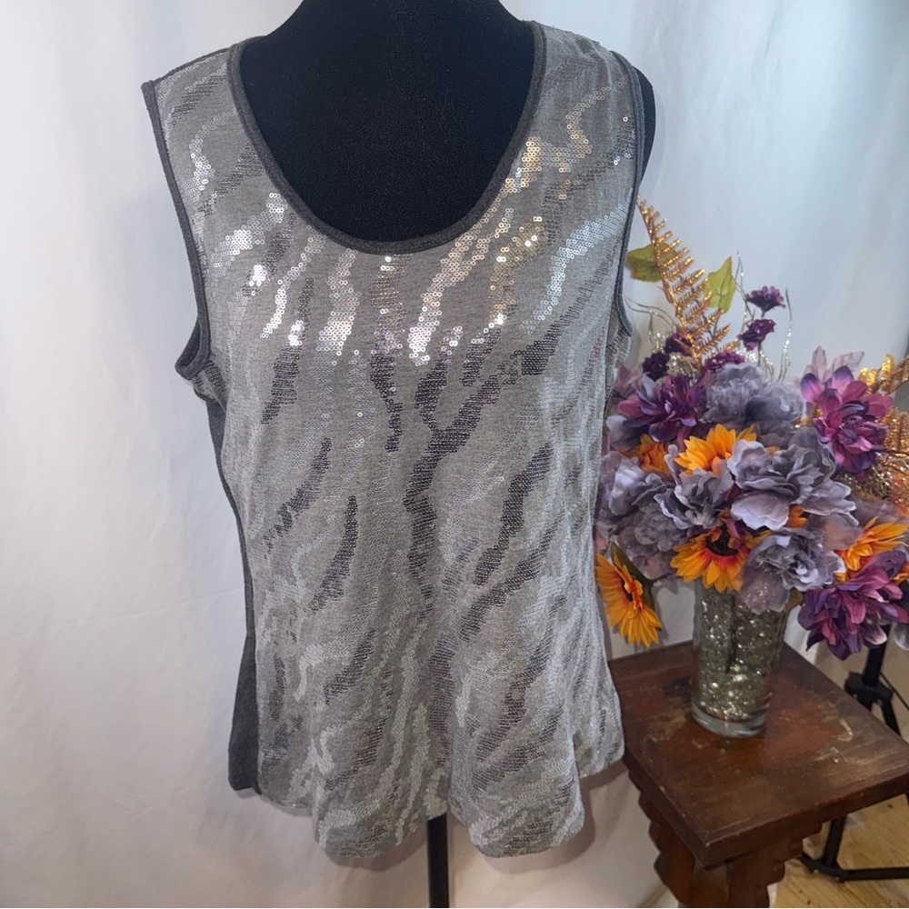 Susan Lawrence Gray Sequin Zebra Tank Top Sleeveless Blouse Medium